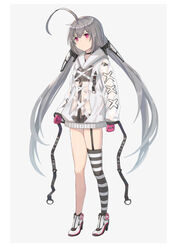  absurdres aer7o ahoge black_choker blush choker closed_mouth commentary_request female full_body garter_straps gloves grey_background grey_hair hair_between_eyes hair_ornament high_heels highres hood hood_down hoodie long_hair long_sleeves looking_away low_twintails original pink_gloves red_eyes see-through shoes single_thighhigh skindentation sleeves_past_wrists solo standing striped_clothes striped_thighhighs thighhighs twintails two-tone_background very_long_hair white_background white_footwear white_hoodie 