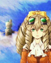  bow chiru_(sanifani) dress drill_hair female fog goggles goggles_on_head green_eyes hairbow long_hair looking_at_viewer maria_balthasar solo tower xenogears yellow_bow 