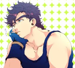  1boy bare_shoulders battle_tendency birthmark blue_eyes cigarette fingerless_gloves gloves hand_on_own_chin head_rest joestar_birthmark jojo_no_kimyou_na_bouken joseph_joestar joseph_joestar_(young) looking_to_the_side male_focus purple_hair s_gentian solo tank_top 