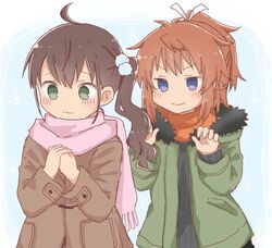  2girls black_sweater blush brown_coat brown_hair closed_mouth coat commentary_request fringe_trim fur-trimmed_jacket fur_trim green_eyes green_jacket hair_between_eyes hair_ornament hair_ribbon hands_up jacket koshigaya_natsumi long_hair long_sleeves multiple_girls niizato_aoi non_non_biyori open_clothes open_jacket orange_scarf own_hands_together pink_scarf ponytail ribbon scarf shika_(s1ka) side_ponytail sleeves_past_wrists smile sweater upper_body v-shaped_eyebrows white_ribbon 