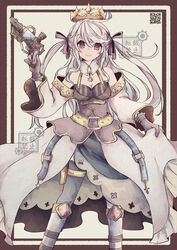  bad_id bad_pixiv_id bare_shoulders bloomminority border commentary_request crown dress fantasy feet_out_of_frame female gloves grey_eyes gun hair_between_eyes hair_ribbon highres holding holding_gun holding_weapon long_hair looking_at_viewer original outside_border pale_skin qr_code ribbon simple_background skirt_hold smile solo standing steampunk thighhighs two_side_up weapon white_hair wide_sleeves 