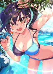  absurdres arm_up asymmetrical_bikini black_hair blush breasts candy cleavage female food halterneck highres holding holding_candy holding_food idolmaster idolmaster_cinderella_girls leaning_forward lollipop navel okutomi_fumi outdoors sharp_teeth smile solo sunazuka_akira sunlight teeth twintails wavy_hair 