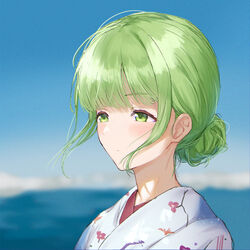  absurdres blurry blurry_background blush closed_mouth commentary_request day depth_of_field female floral_print green_eyes green_hair hair_bun highres japanese_clothes kimono looking_away morinaka_kazaki nijisanji outdoors print_kimono single_hair_bun solo upper_body virtual_youtuber white_kimono yotsugi 