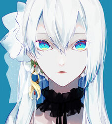  black_neckwear blue_background blue_eyes commentary_request earrings female hair_ribbon highres jewelry lace_ribbon long_hair original parted_lips portrait ribbon simple_background solo twitter_username white_hair white_ribbon yagi_(shiro_yagi) 