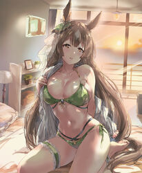  animal_ears barefoot bed bikini blush breasts bridal_garter brown_eyes brown_hair cleavage collarbone female green_bikini highres hood hooded_jacket horse_ears horse_girl horse_tail jacket lamp large_breasts light_rays long_hair looking_at_viewer matsukura_nemu navel on_bed open_clothes open_jacket open_mouth pillow plant potted_plant satono_diamond_(umamusume) side-tie_bikini_bottom single_bare_shoulder sitting smile soles solo sun sunbeam sunlight swimsuit tail toes umamusume very_long_hair 