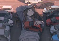  brown_eyes brown_hair car chromatic_aberration expressionless female giant giantess grey_shirt hand_on_forehead hand_up holding long_hair long_sleeves looking_away lying motor_vehicle on_back on_ground original parking_lot shade shirt solo tomioka_jirou upper_body 