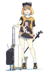  absurdres animal_ears bag bare_legs baseball_cap black_hat blonde_girl_(cloba) blonde_hair cloba commentary_request denim denim_shorts fake_animal_ears female full_body hat highres holding holding_luggage idolmaster idolmaster_cinderella_girls legs looking_at_viewer luggage multicolored_hair original photoshop_(medium) raglan_sleeves rolling_suitcase shimamura_uzuki shirt shoes short_hair short_shorts short_sleeves shorts simple_background sneakers socks solo standing suitcase thighs torn_clothes torn_shorts two-tone_hair watch white_background white_socks wristwatch yellow_eyes yellow_shirt 