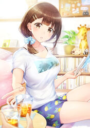  absurdres bad_id bad_pixiv_id blue_bow blue_shorts blurry blurry_background blurry_foreground blush book bookshelf bow breasts brown_eyes brown_hair bulletin_board collarbone commentary cup depth_of_field drink drinking_glass english_commentary female hair_ornament hair_over_shoulder hairclip highres holding holding_book indoors large_breasts lemon_print looking_at_viewer medium_hair mole mole_under_eye mono_lith original parted_lips plant potted_plant pov pov_hands print_shirt shirt short_sleeves shorts sitting solo_focus stuffed_animal stuffed_giraffe stuffed_toy t-shirt thighs white_shirt 