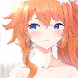  absurdres blue_eyes blurry blurry_background blush closed_mouth collarbone commentary_request depth_of_field earrings female glint hair_between_eyes highres jewelry long_hair looking_at_viewer nijisanji orange_hair otogibara_era portrait side_ponytail smile solo virtual_youtuber yotsugi 