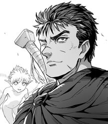  2boys berserk cape closed_mouth commentary_request fairy greyscale guts_(berserk) male_focus manly monochrome multiple_boys oetaro one_eye_closed pointy_ears portrait puck_(berserk) scar scar_on_face scar_on_nose short_hair smile sword sword_behind_back weapon wings 