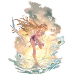  bikini bird blonde_hair blue_eyes day female flower granblue_fantasy jeanne_d&#039;arc_(granblue_fantasy) jeanne_d&#039;arc_(summer)_(granblue_fantasy) long_hair looking_at_viewer official_alternate_costume official_art open_mouth shoes single_shoe solo standing standing_on_one_leg swimsuit transparent_background unworn_shoes white_footwear 