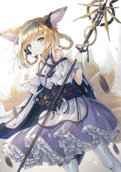  animal_ear_fluff animal_ears apron arknights bare_shoulders black_gloves blonde_hair blue_hairband braid braided_hair_rings commentary_request female fox_ears fox_girl fox_tail frilled_skirt frills gloves green_eyes hair_rings hairband headset highres holding holding_staff kitsune kyuubi material_growth multiple_tails oripathy_lesion_(arknights) pantyhose parted_lips petticoat purple_skirt shirt single_glove single_wrist_cuff skirt solo staff suzuran_(arknights) synn032 tail twin_braids waist_apron white_apron white_pantyhose white_shirt wrist_cuffs 