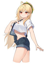  absurdres ahoge blonde_hair blue_shorts commentary crop_top crop_top_overhang cropped_legs denim denim_shorts female grin hamburger_hat hand_on_own_chest hand_up hat highres jingburger korean_commentary long_hair looking_at_viewer midriff off_shoulder overall_shorts overalls red_eyes shirt short_shorts short_sleeves shorts simple_background slit_pupils smile solo stomach thighs virtual_youtuber waktaverse white_background white_shirt ziro_(zirorong) 