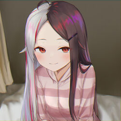  absurdres ahoge alternate_hairstyle blush brown_hair closed_mouth commentary_request curtains female grey_hair hair_down hair_ornament hairclip highres jacket long_hair multicolored_hair nijisanji parted_bangs pink_jacket red_eyes red_hair smile solo split-color_hair streaked_hair striped_clothes striped_jacket two-tone_hair upper_body very_long_hair virtual_youtuber yorumi_rena yotsugi 