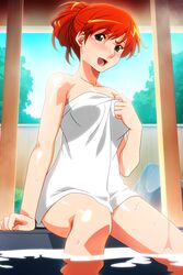  asahina_yurina blush breasts day female green_eyes looking_at_viewer naked_towel non-web_source official_art open_mouth outdoors photoshop_(medium) red_hair shiny_skin sitting soaking_feet solo super_real_mahjong tanaka_ryou towel updo water wet 