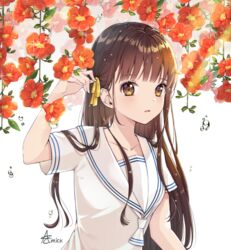  amick_(americanomix) bad_id bad_pixiv_id breasts brown_eyes brown_hair collarbone female flower fruits_basket hair_behind_ear hair_ribbon hair_strand hand_up honda_tohru long_hair looking_at_viewer neckerchief red_flower ribbon school_uniform serafuku short_sleeves solo sunlight trumpet_creeper upper_body water_drop white_background 