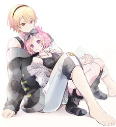  1boy absurdres aggressive_nezou_wear_(project_sekai) anmin_dreamingribbon_(project_sekai) bare_shoulders barefoot black_headwear black_ribbon blonde_hair breasts cardigan closed_eyes commentary_request crescent crescent_necklace female full_body gradient_hair hair_between_eyes headband highres jacket jacket_partially_removed jewelry knees_up leaning_on_person long_sleeves loose_socks matching_outfits momomo_(m0_3) multicolored_hair necklace off_shoulder official_alternate_color official_alternate_costume ootori_emu open_clothes orange_eyes orange_hair partial_commentary pink_eyes pink_hair project_sekai ribbon short_hair sitting sitting_between_lap sleeveless socks straight strap tenma_tsukasa 