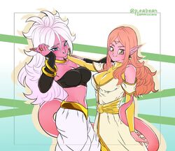  2girls absurdres android_21 arm_warmers bandeau blue_eyes bracelet breasts chronoa circlet cleavage colored_skin commentary crop_top dragon_ball dragon_ball_fighterz dragon_ball_heroes dragon_ball_xenoverse earrings english_commentary highres jewelry large_breasts long_hair majin_android_21 multiple_girls navel neck_ring pea-bean pink_hair pink_skin pointy_ears potara_earrings ring smile tail twitter_username white_hair yellow_eyes 