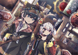  2boys animal_ears bad_id bad_pixiv_id black_hair bloomminority blue_eyes cat_ears cyberpunk fantasy hat highres male_focus multiple_boys original pale_skin piercing pointy_ears rabbit_ears red_eyes steampunk white_hair 