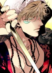  1boy alternate_costume battle_tendency bead_necklace beads blonde_hair caesar_anthonio_zeppeli colored_eyelashes dragon_print facial_mark green_eyes hood jewelry jojo_no_kimyou_na_bouken male_focus necklace s_gentian solo staff 