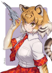  animal_ears animal_print black_hair collared_shirt commentary elbow_gloves extra_ears female gloves highres kemono_friends kosai_takayuki looking_at_viewer model_airplane multicolored_hair necktie orange_hair plaid plaid_necktie plaid_skirt plaid_trim pleated_skirt print_gloves red_necktie red_skirt shirt short_hair short_sleeves skirt smile solo tail tiger_(kemono_friends) tiger_ears tiger_girl tiger_print tiger_tail two-tone_hair white_shirt yellow_eyes 