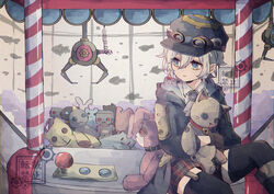  1boy arcade bad_id bad_pixiv_id black_hat black_thighhighs bloomminority blue_eyes braid crane_game cyberpunk fantasy feet_out_of_frame grey_hair hair_between_eyes hat highres holding holding_stuffed_toy long_bangs looking_to_the_side male_focus medium_hair original parted_lips piercing plaid plaid_skirt pointy_ears sitting skirt solo steampunk stuffed_toy thighhighs 