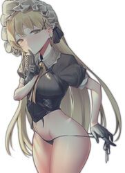  bikini blonde_hair blush breasts duplicate earrings female finger_to_mouth frills girls&#039;_frontline gloves groin hair_ornament hyury jewelry light_brown_hair long_hair looking_at_viewer medium_breasts panty_tug photoshop_(medium) pixel-perfect_duplicate ppk_(girls&#039;_frontline) puffy_short_sleeves puffy_sleeves short_sleeves shushing side-tie_bikini_bottom solo swimsuit thighhighs thighs very_long_hair white_background 