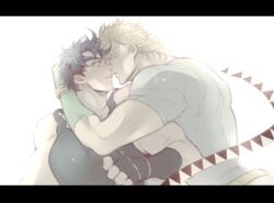  2boys bare_shoulders battle_tendency black_hair blonde_hair blush caesar_anthonio_zeppeli crop_top facial_mark fingerless_gloves gloves headband imminent_kiss jojo_no_kimyou_na_bouken joseph_joestar joseph_joestar_(young) letterboxed male_focus multiple_boys pale_color s_gentian sleeveless tank_top triangle_mouth yaoi 