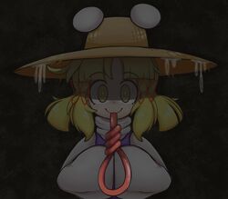  blonde_hair female freckles hair_ornament hair_ribbon hat jpeg_artifacts keb00b long_sleeves long_tongue medium_hair moriya_suwako noose parted_bangs purple_vest red_ribbon ribbon shirt skirt sleeves_past_wrists slime_(substance) solo tongue tongue_out touhou turtleneck vest white_shirt wide_sleeves yellow_eyes 