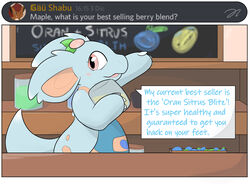  2019 berry blush delta-eon dialogue english_text fan_character feral food fruit generation_1_pokemon hi_res male maple_apicot nidorina nintendo oran_berry pecha_berry plant pokemon pokemon_(species) pokemon_berry pokemon_mystery_dungeon semi-anthro sitrus_berry smile solo spike_chunsoft talking_feral text wanderlust 