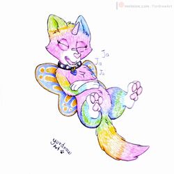  1:1 collar felicity_(rainbow_butterfly_unicorn_kitty) felid feline female feral happy hi_res laugh mammal open_mouth open_smile pawpads paws rainbow_butterfly_unicorn_kitty smile solo vocalization yordraw 