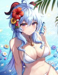  \||/ absurdres ahoge bare_shoulders bell bikini blue_flower blue_hair blush bottle breasts cleavage daisy drink falling_petals female flower flower_on_liquid forget-me-not_(flower) ganyu_(genshin_impact) genshin_impact glint glowing glowing_petals goat_horns hair_flower hair_ornament hayun hibiscus highres holding holding_bottle holding_drink hollyhock horns large_breasts long_hair looking_at_viewer neck_bell palm_leaf petals pink_flower purple_eyes purple_flower ramune red_flower sidelocks smile solo sparkle sunflower swimsuit wet white_bikini white_flower yellow_flower 