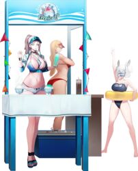  3girls alvis_(last_origin) arm_up between_breasts bikini blonde_hair blue_eyes breasts card card_between_breasts cup diving_mask goggles highres innertube jam_(nandade) lanyard large_breasts last_origin long_hair micro_shorts mnemosyne_(last_origin) multiple_girls navel official_alternate_costume official_art open_clothes open_vest queen_of_mane red_bikini sandals school_swimsuit shorts slushie snorkel swim_ring swimsuit third-party_source transparent_background vest visor_cap white_hair yellow_eyes 