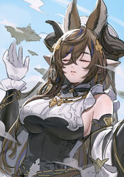  animal_ears black_ribbon breasts brown_hair closed_eyes cloud commentary_request day detached_sleeves dress extra_ears female floating_island galleon_(granblue_fantasy) giant giantess gloves granblue_fantasy hair_ornament hand_up highres horns jewelry large_breasts lips long_hair multicolored_hair neck_ribbon necklace parted_lips pointy_ears ribbon sideboob sleeveless sleeveless_dress solo streaked_hair tekki_(tki) turtleneck upper_body white_gloves x_hair_ornament 