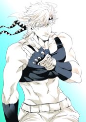  1boy bare_shoulders battle_tendency caesar_anthonio_zeppeli crop_top facial_mark feather_hair_ornament feathers fingerless_gloves gloves green_eyes hair_ornament headband jojo_no_kimyou_na_bouken male_focus midriff monochrome s_gentian solo tank_top triangle_print 