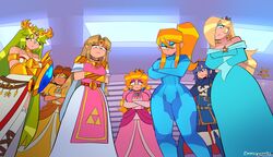  6+girls ancient_greek_clothes apu_spills_his_tendies_(meme) armlet bare_shoulders blonde_hair blue_hair bodysuit breasts cape chains chiton circlet collarbone crossed_arms crown dress emmanomia23 eyeshadow fire_emblem fire_emblem_awakening forehead_jewel frown gold_chain greco-roman_clothes green_hair high_heels highres japanese_girls_looking_down_on_apu_(meme) jewelry kid_icarus kid_icarus_uprising laurel_crown long_dress long_hair looking_at_viewer looking_down lucina_(fire_emblem) makeup mario_(series) meme metroid mini_crown multiple_girls narrow_waist neck_ring off-shoulder_dress off_shoulder palutena parted_bangs pointy_ears princess_daisy princess_peach princess_zelda rosalina samus_aran side_slit single_thighhigh strapless strapless_dress super_mario_galaxy super_smash_bros. swept_bangs tan the_legend_of_zelda the_legend_of_zelda:_a_link_between_worlds the_legend_of_zelda:_a_link_to_the_past thighhighs tiara very_long_hair zero_suit 