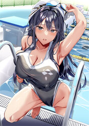  arm_up armpits bare_legs barefoot black_hair black_one-piece_swimsuit blush breasts chain-link_fence cleavage collarbone comiket_102 commentary_request competition_swimsuit covered_navel covered_nipples feet female fence goggles goggles_on_head goggles_on_headwear grey_eyes hair_between_eyes hair_ornament hairclip highres large_breasts long_hair looking_at_viewer neropaso one-piece_swimsuit open_mouth original outdoors pool pool_ladder poolside sidelocks solo swim_cap swimsuit toes x_hair_ornament 