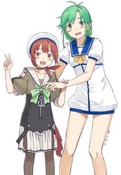  2girls alternate_hairstyle anchor antenna_hair black_pantyhose blue_sailor_collar bow brown_eyes brown_hair choker corset cosplay costume_switch cowboy_shot dress feet_out_of_frame green_eyes green_hair green_neckwear grey_sailor_collar grey_skirt hair_over_shoulder hair_rings hairstyle_switch hat kaiboukan_no._4_(kancolle) kaiboukan_no._4_(kancolle)_(cosplay) kantai_collection kawashina_(momen_silicon) long_hair low_twintails matsu_(kancolle) matsu_(kancolle)_(cosplay) multiple_girls open_mouth pantyhose pleated_skirt sailor_collar sailor_dress sailor_hat sailor_shirt school_uniform serafuku shirt simple_background skirt standing teeth twintails upper_teeth_only v white_background white_dress white_headwear yellow_bow zipper_pull_tab 