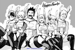  2girls 4boys ^_^ animal_ears bare_shoulders blush boku_no_hero_academia breasts closed_eyes cosplay covered_abs dabi_(boku_no_hero_academia) endeavor_(boku_no_hero_academia) facial_hair family gloves greyscale happy highleg highleg_leotard highres large_pectorals laughing leotard mature_male mirko mirko_(cosplay) monochrome multiple_boys multiple_girls muscular muscular_male nstime23 pectorals rabbit_ears scar scar_across_eye short_hair sideburns simple_background smile spiked_hair spoilers stubble thick_thighs thighhighs thighs todoroki_fuyumi todoroki_natsuo todoroki_rei todoroki_shouto todoroki_touya 