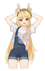  :d absurdres ahoge arms_up blonde_hair blue_shorts collarbone commentary cowboy_shot crop_top crop_top_overhang cropped_legs denim denim_shorts double_v female hamburger_hat hat highres horns_pose jingburger korean_commentary long_hair looking_at_viewer midriff open_mouth overall_shorts overalls red_eyes shirt short_shorts short_sleeves shorts simple_background slit_pupils smile solo thighs v very_long_hair virtual_youtuber waktaverse white_background white_shirt ziro_(zirorong) 