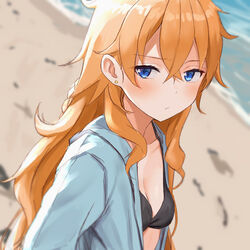  absurdres beach bikini black_bikini blue_eyes blue_jacket blurry blurry_background blush braid breasts brown_hair cleavage closed_mouth commentary_request day depth_of_field earrings female hair_between_eyes highres hood hood_down hooded_jacket jacket jewelry long_hair nijisanji open_clothes open_jacket otogibara_era outdoors sand small_breasts solo stud_earrings swimsuit very_long_hair virtual_youtuber water yotsugi 