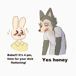  1:1 2020 anthro beastars blush bodily_fluids canid canine canis clothed clothing dick_flattening domestic_rabbit duo dwarf_rabbit english_text eye_bags female happy haru_(beastars) hi_res humor lagomorph legoshi_(beastars) leporid male mammal meme oryctolagus rabbit sad simple_background sweat text thesketchfox white_background wolf 