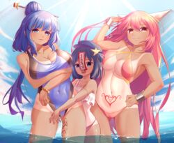  3girls absurdres alternate_hairstyle armpits arms_under_breasts bikini blue_eyes blue_hair bracelet bracer breasts cabbie_hat cameltoe collarbone commentary_request expressive_clothes frilled_bikini frills ha_kang hair_bun hair_ornament hair_stick hat highres horns ibaraki_douji_(touhou) ibaraki_kasen jewelry kaku_seiga korean_commentary korean_text large_breasts leg_tattoo long_hair miyako_yoshika multiple_girls navel ofuda one-piece_swimsuit open_mouth outstretched_arms pink_bikini pink_hair pubic_tattoo red_eyes short_hair single_hair_bun sling_bikini_top small_breasts star_(symbol) stitches sunlight swimsuit tan tanlines tattoo teeth touhou translation_request very_long_hair water zombie_pose 