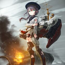  battle_damage black_thighhighs braid burning cannon commentary_request commission damaged dress female fire green_eyes grey_hair grey_sky gun hair_between_eyes hat highres hms_thunder_child holding holding_cannon holding_gun holding_turret holding_weapon injury mecha mecha_musume medium_hair military military_uniform naval_uniform original outdoors personification pixiv_commission robot sailor_dress sailor_hat sky smoke solo standing thighhighs tom-neko_(zamudo_akiyuki) torn_clothes torn_dress torn_thighhighs tripod_(mecha) turret uniform war_of_the_worlds weapon 