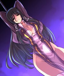  absurdres arms_up black_hair breasts cleavage dress fasalina female gunxsword half-closed_eyes highres ishiyumi large_breasts long_hair pelvic_curtain pole solo thighs yellow_eyes 