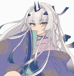  breasts brown_eyes choker fate/grand_order fate_(series) female forked_eyebrows japanese_clothes kimono long_hair long_sleeves looking_at_viewer melusine_(dream_portrait)_(fate) melusine_(fate) nm222 protected_link purple_kimono sash sidelocks small_breasts smile solo white_hair wide_sleeves 