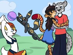  4:3 andy_(nekomimiranger) anthro ball cass_(nekomimiranger) cinderace doodle-hooves eeveelution felid feline female feral fur generation_2_pokemon generation_8_pokemon group hi_res hug kissing leopardus male male/female mammal markings nintendo ocelot pantherine playing pokemon pokemon_(species) snow_leopard spots spotted_body spotted_fur umbreon 