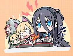  4girls :t animal_ear_headphones animal_ears aris_(blue_archive) blue_archive blue_eyes blue_necktie blush_stickers cat_ear_headphones commentary_request eating fake_animal_ears game_development_department_(blue_archive) hair_between_eyes hairband headphones long_hair long_hair_between_eyes midori_(blue_archive) momoi_(blue_archive) multiple_girls necktie o_o peeking_out playing_games pout shishikai short_hair siblings simple_background sisters twins yuzu_(blue_archive) 