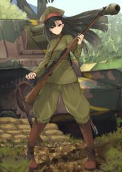  arisaka black_hair bolt_action boots brown_eyes brown_footwear camouflage commentary_request female girls_und_panzer gun hat highres imperial_japanese_army iwo_jima kakimoto_nao katana knee_boots letters_from_iwo_jima long_hair military military_vehicle motor_vehicle name_connection nishi_kinuyo nishi_takeichi real_life rifle sandbag solo sword tank tree type_3_chi-nu uniform weapon world_war_ii 