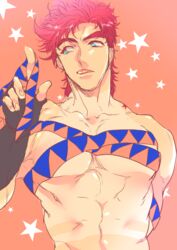  1boy battle_tendency blue_eyes fingerless_gloves gloves jojo_no_kimyou_na_bouken joseph_joestar joseph_joestar_(young) male_focus muscular muscular_male red_hair ribbon_bra s_gentian solo tan tanlines thick_eyebrows topless_male upper_body 